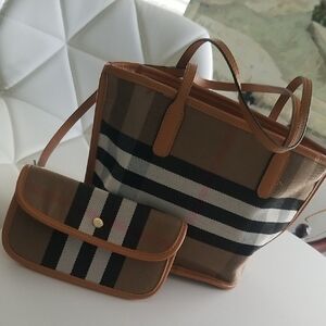 Stylish Brown and Black Checkered Tote and Clutch Set